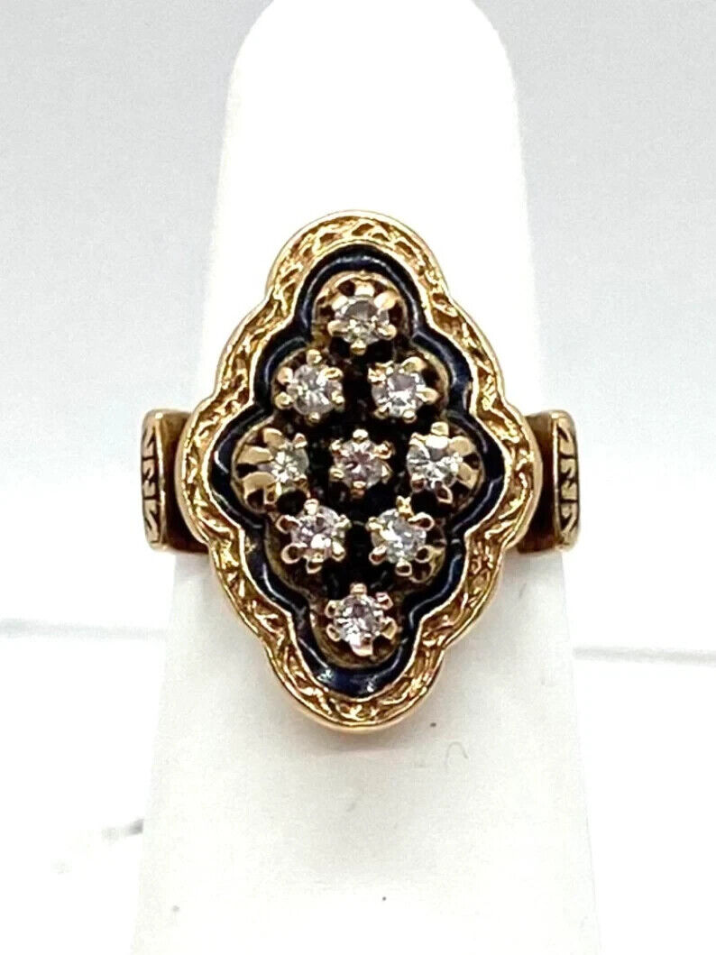 Early 1900's 14k Yellow Gold Victorian Diamond and Enamel Ring Size 5.75 6.75gr