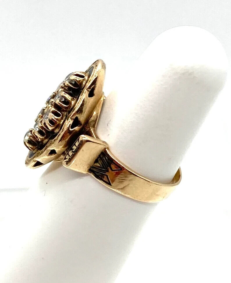 Early 1900's 14k Yellow Gold Victorian Diamond and Enamel Ring Size 5.75 6.75gr