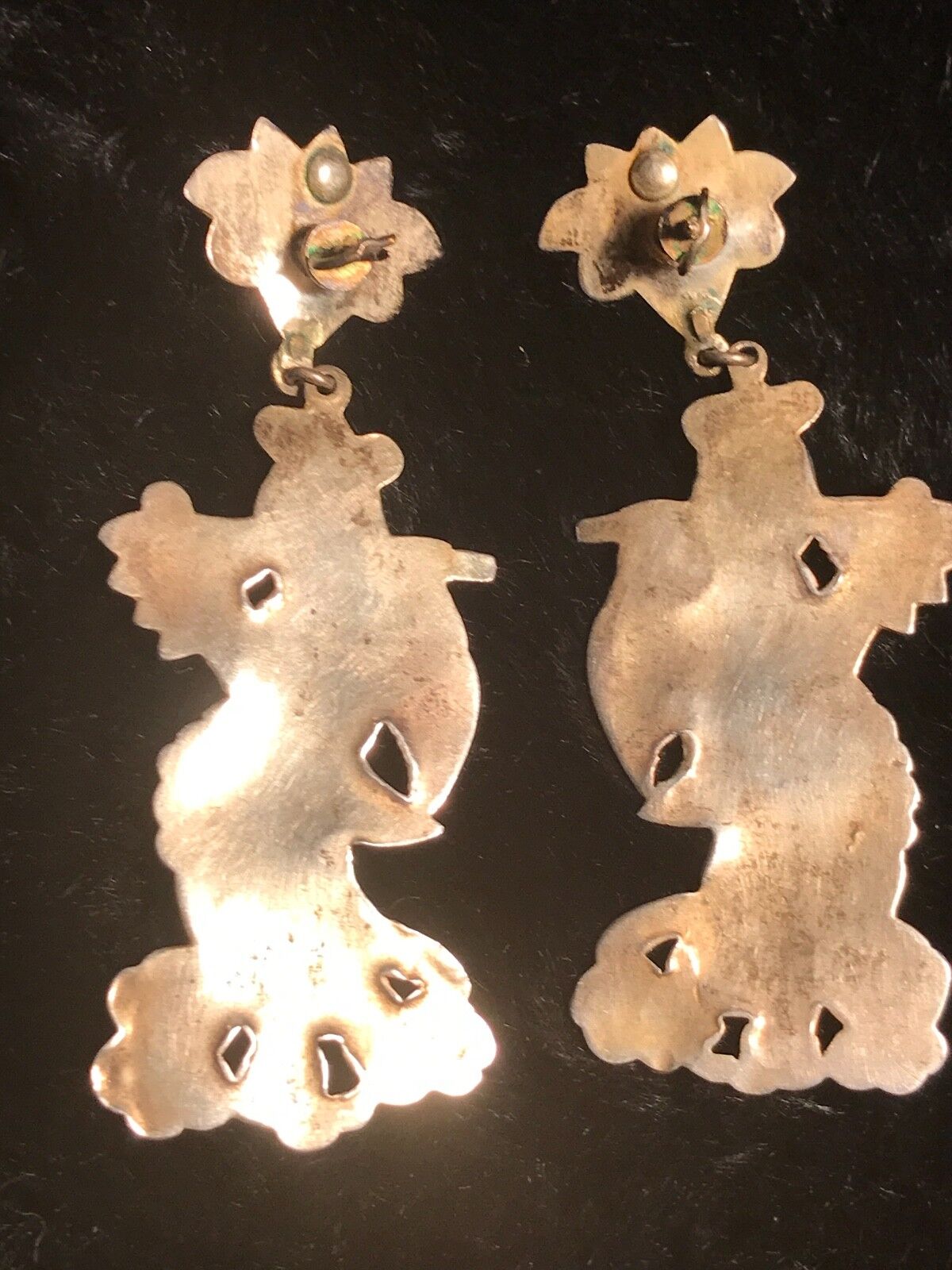 ANTIQUE UNIQUE CHINESE EXPORT EARRINGS 1800's? FIGURAL DEITY GILT SILVER