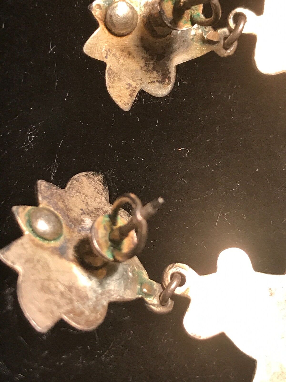 ANTIQUE UNIQUE CHINESE EXPORT EARRINGS 1800's? FIGURAL DEITY GILT SILVER