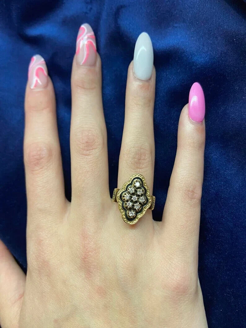 Early 1900's 14k Yellow Gold Victorian Diamond and Enamel Ring Size 5.75 6.75gr
