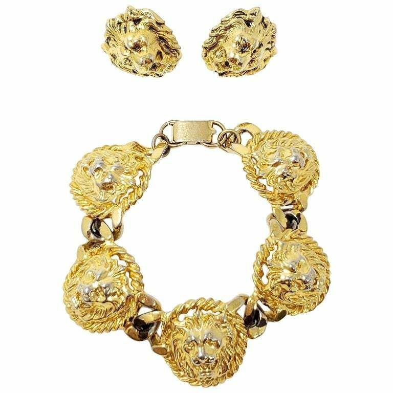 Golden Lion Head Link Bracelet and Clip On Earrings, Vintage, Mid 1900s