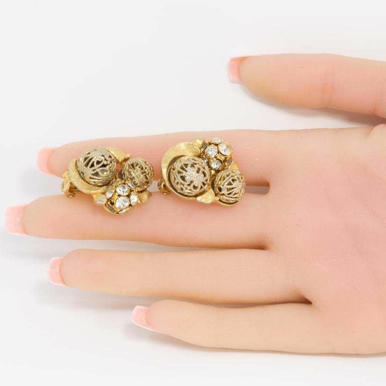 Gold and Pave Crystal Ball Chunky Retro Clip on Earrings, Mid 1900s