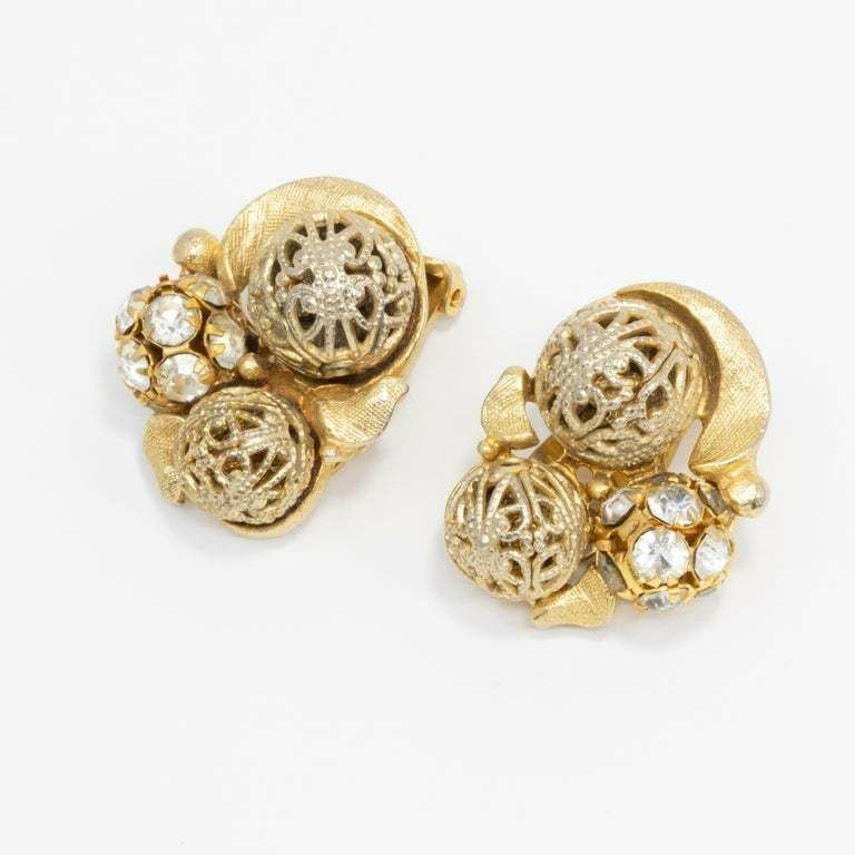 Gold and Pave Crystal Ball Chunky Retro Clip on Earrings, Mid 1900s