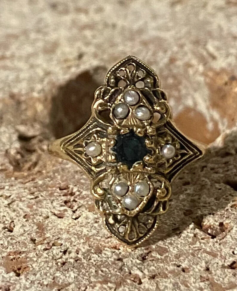 Early 1900s Victorian 14k Gold Sapphire and Natural Pearl Ring Size 6.5 - 2.74 g