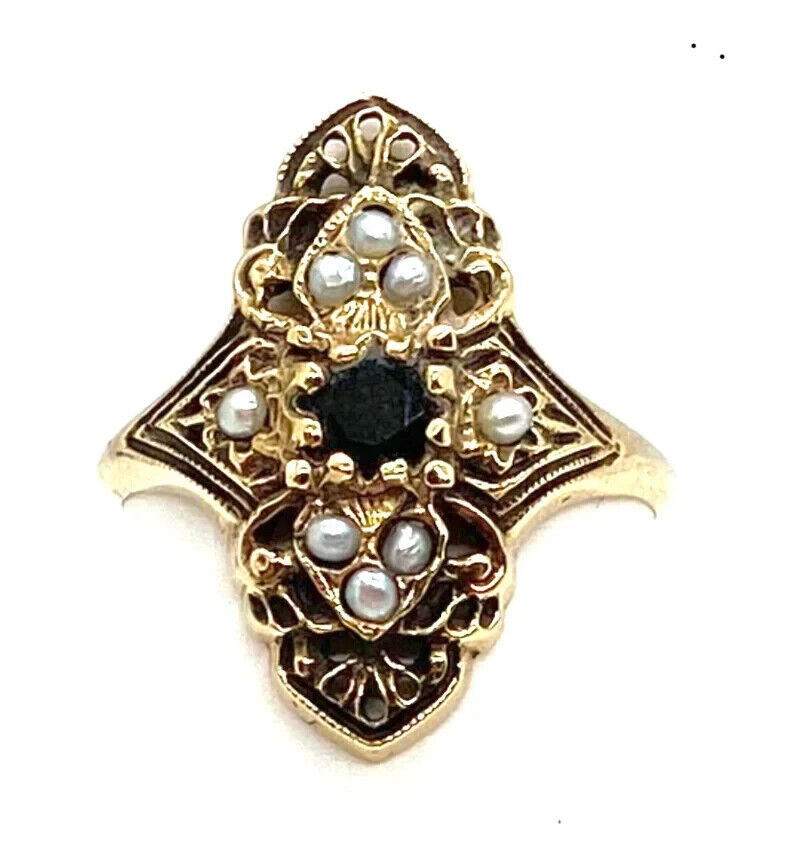 Early 1900s Victorian 14k Gold Sapphire and Natural Pearl Ring Size 6.5 - 2.74 g