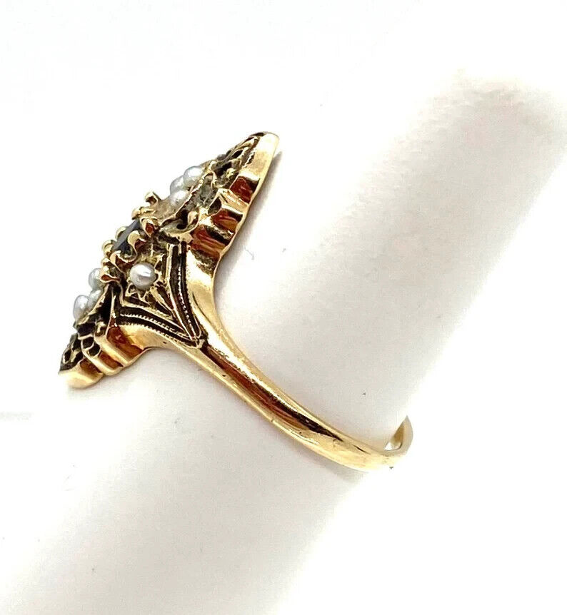 Early 1900s Victorian 14k Gold Sapphire and Natural Pearl Ring Size 6.5 - 2.74 g