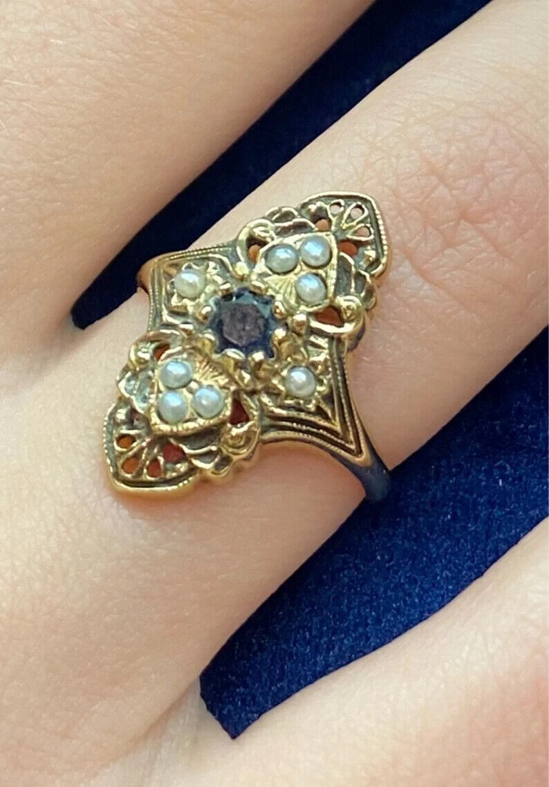 Early 1900s Victorian 14k Gold Sapphire and Natural Pearl Ring Size 6.5 - 2.74 g