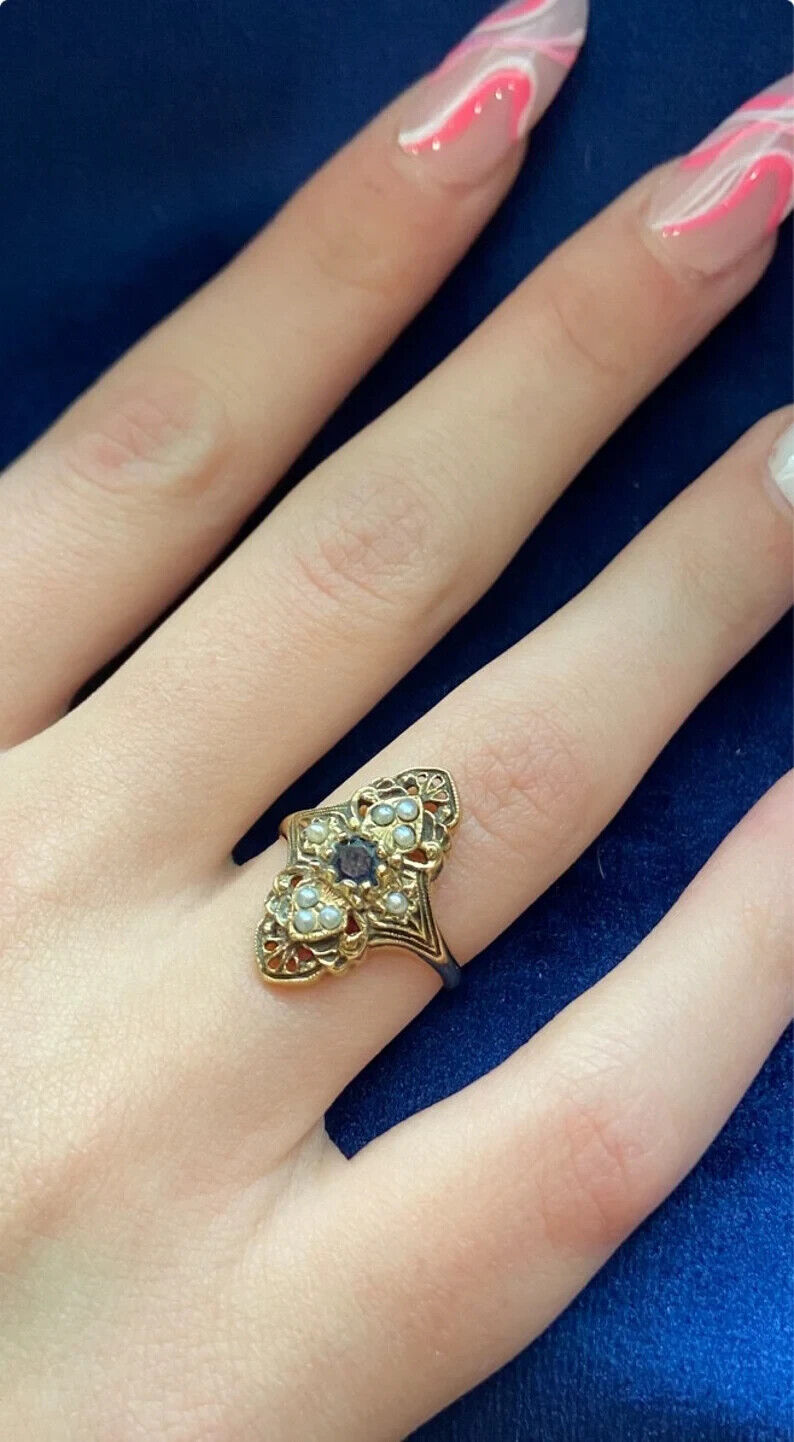 Early 1900s Victorian 14k Gold Sapphire and Natural Pearl Ring Size 6.5 - 2.74 g