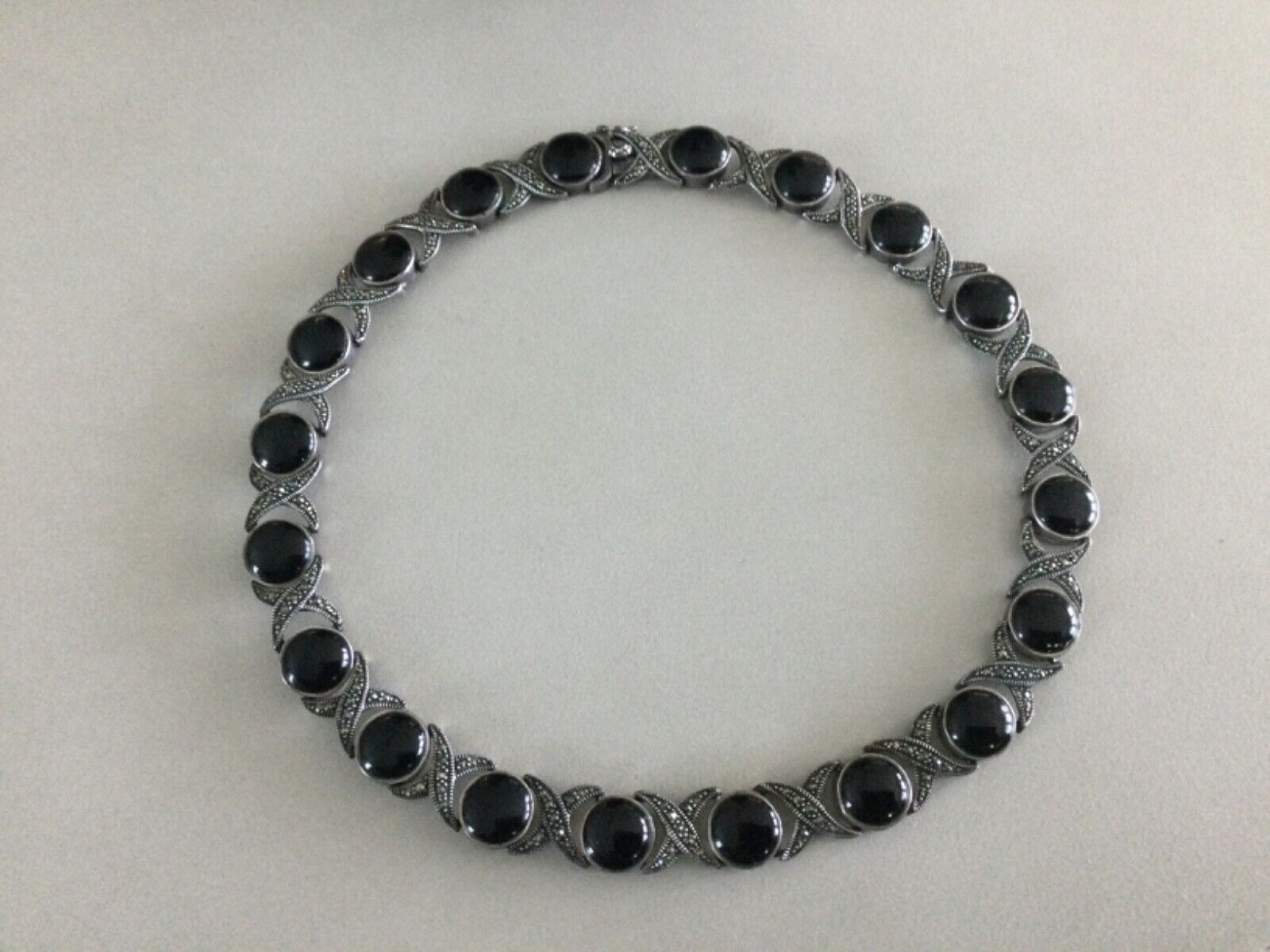 Antique Vintage Sterling Silver Black Onyx & Marcasite Choker Necklace 1900's