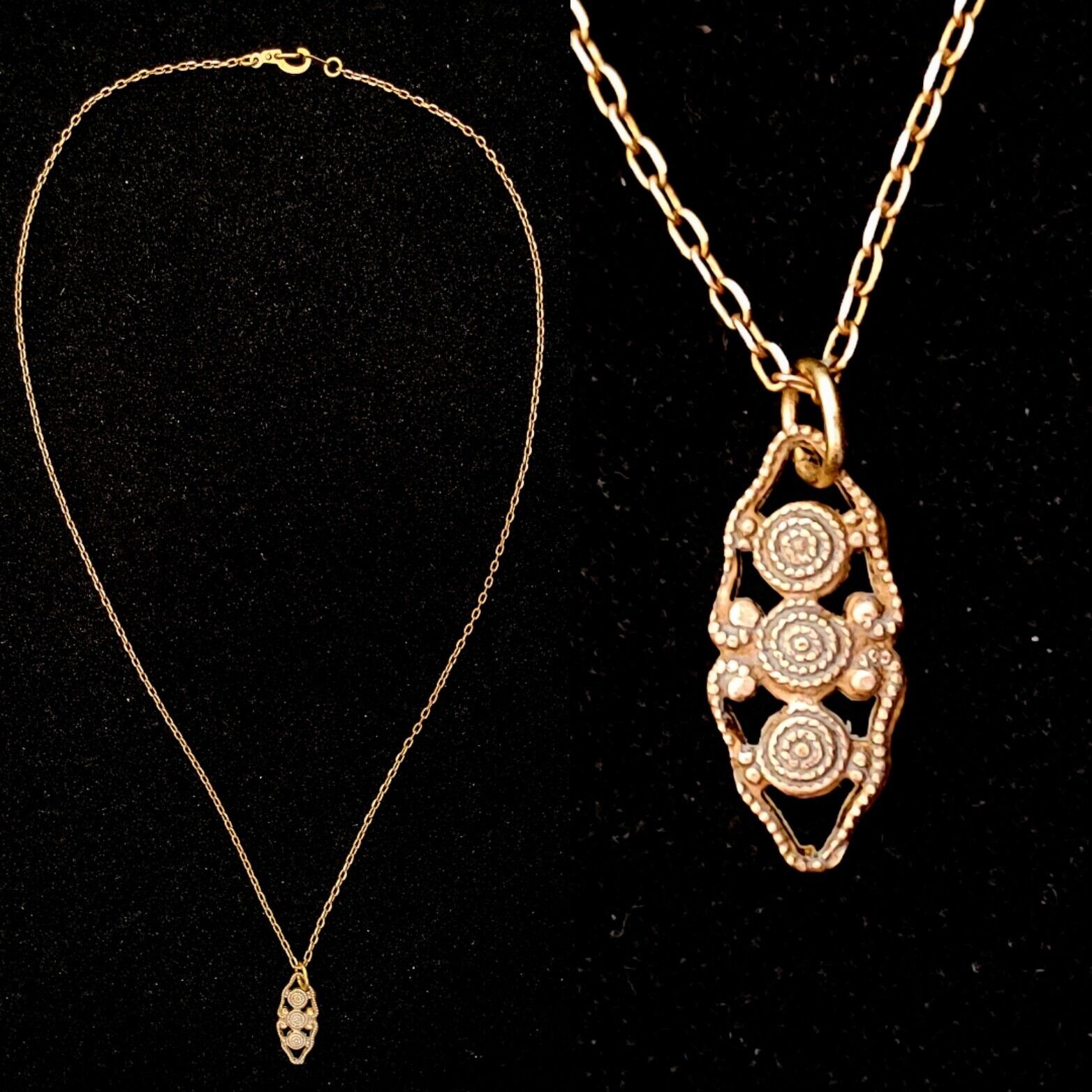 Vintage Ornate 1900s Dainty Fine Filigree Pendant Brass Necklace