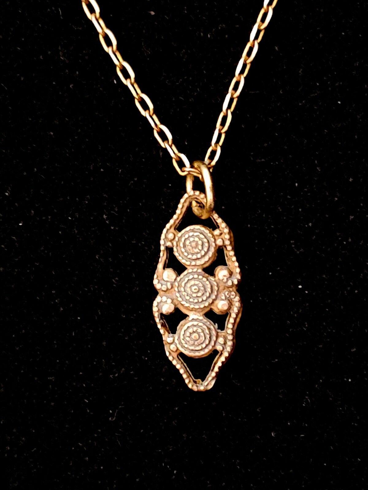 Vintage Ornate 1900s Dainty Fine Filigree Pendant Brass Necklace