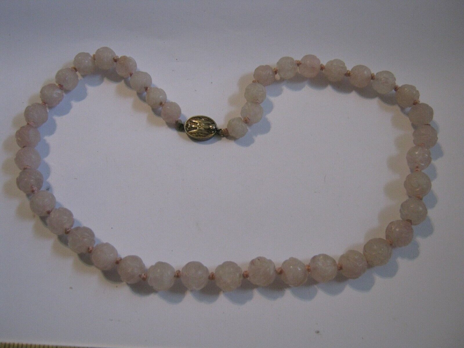 Early 1900s Chinese Export Rose Quartz Bead 18.5" Necklace w/ Gilt Silver Clasp