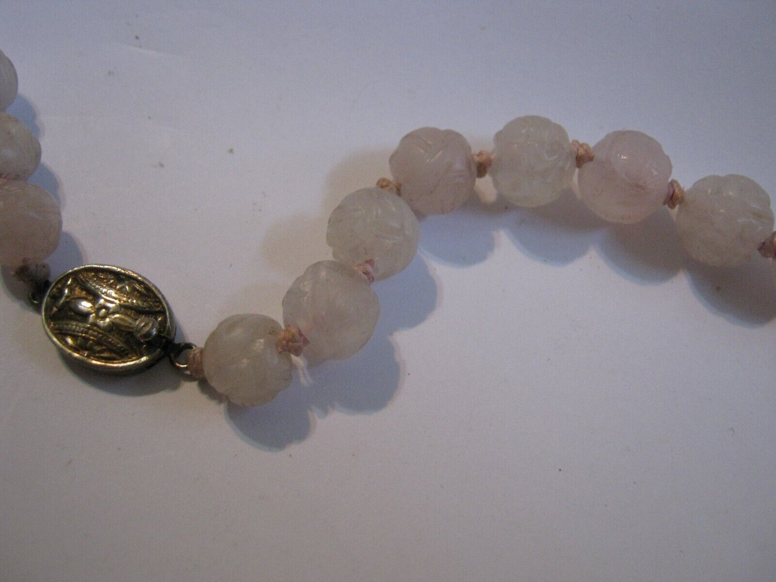 Early 1900s Chinese Export Rose Quartz Bead 18.5" Necklace w/ Gilt Silver Clasp