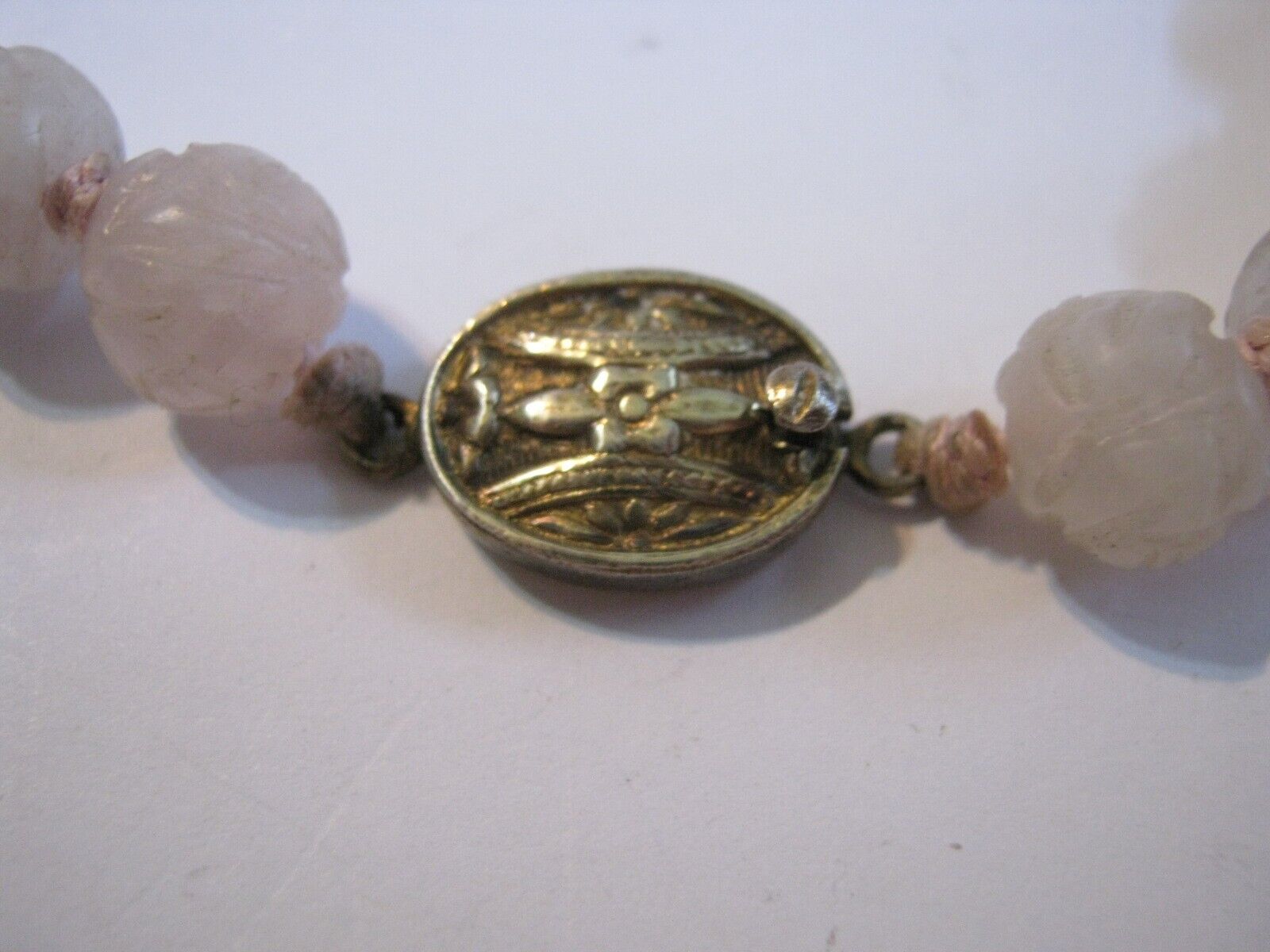 Early 1900s Chinese Export Rose Quartz Bead 18.5" Necklace w/ Gilt Silver Clasp