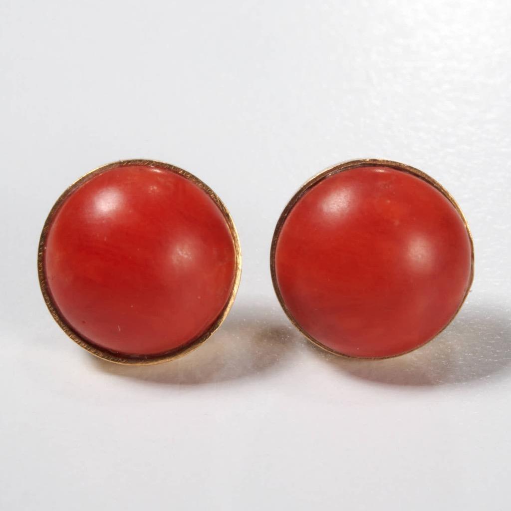 Antique 14k Gold Salmon Red Coral Stud Pierced Earrings Early 20th Century 1900s