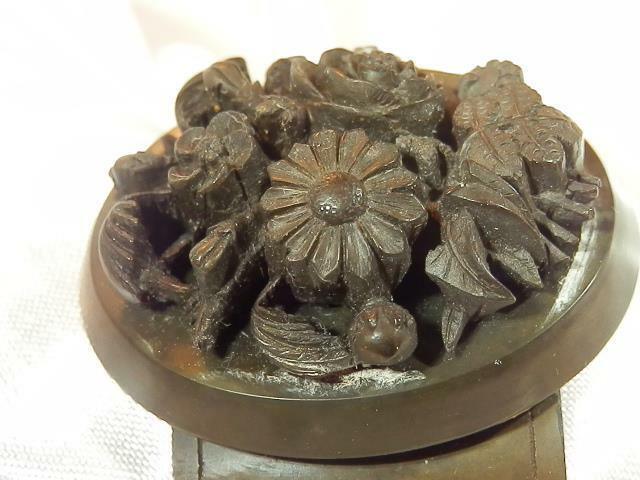 Very Rare Wide Vulcanite Vintage 1800s Brown Flower Mourning Bracelet  481J9