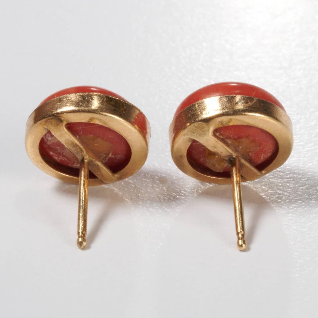 Antique 14k Gold Salmon Red Coral Stud Pierced Earrings Early 20th Century 1900s