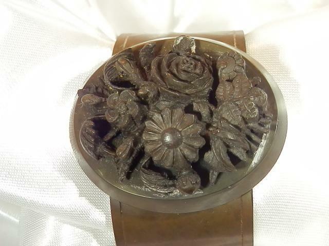 Very Rare Wide Vulcanite Vintage 1800s Brown Flower Mourning Bracelet  481J9