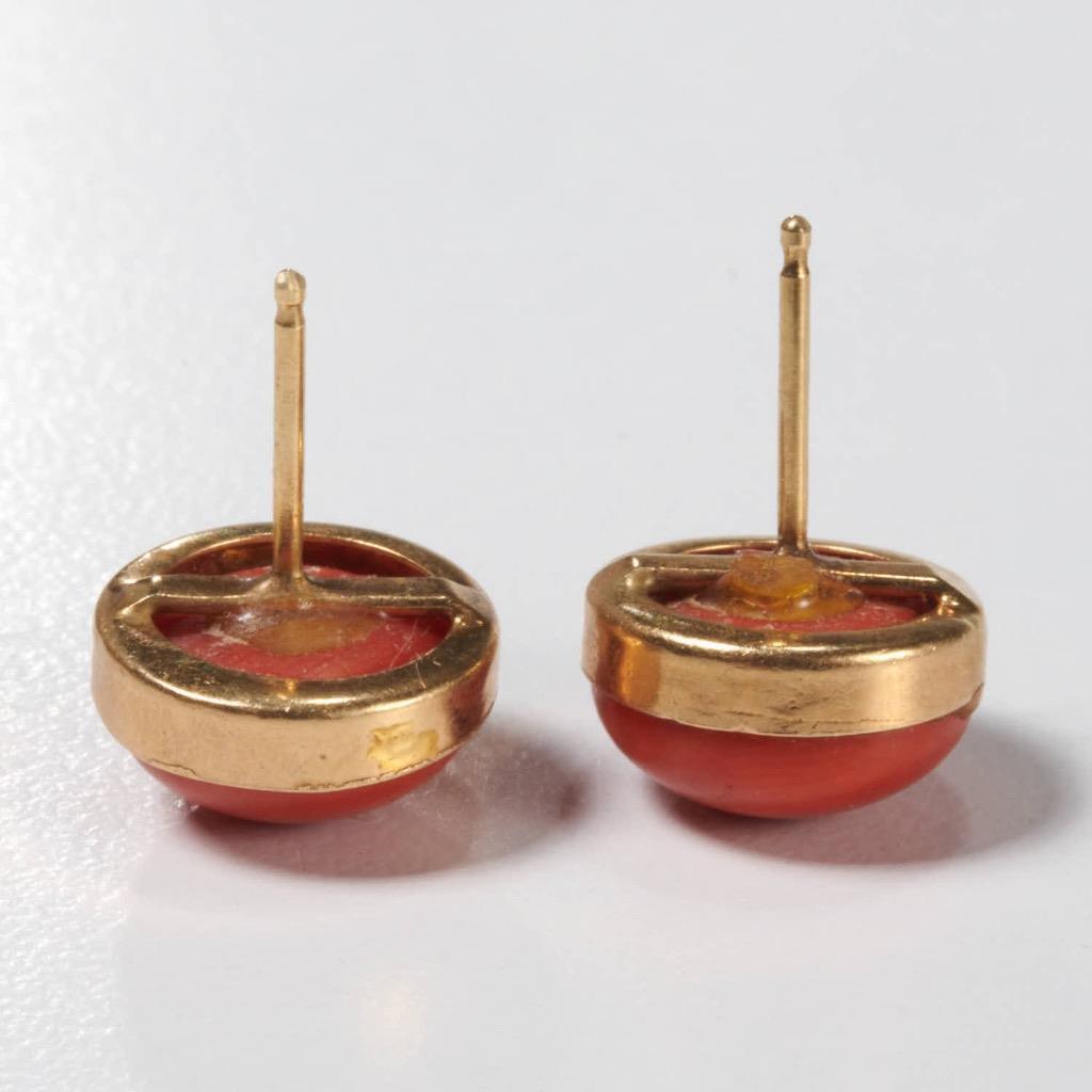 Antique 14k Gold Salmon Red Coral Stud Pierced Earrings Early 20th Century 1900s