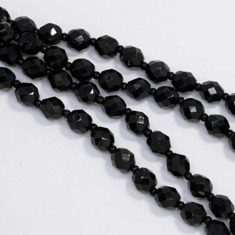 60" Black Czechoslovakian Jet Faceted Crystal Bead Long Rope Necklace, Mid 1900s