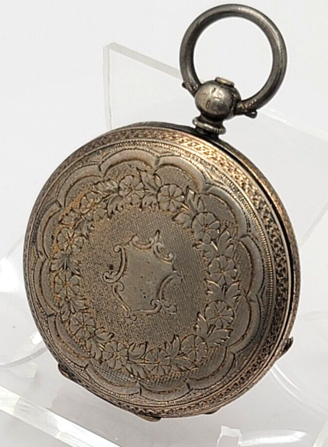 1800's Swiss Silver Dial Pocket Watch, Fine silver case 41mm  AS IS no key