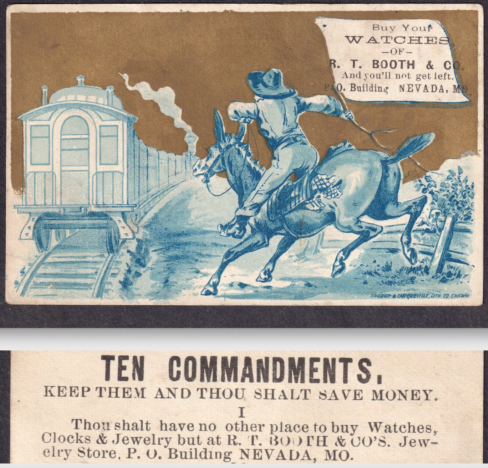 Nevada MO 1800s Booth Jewelry Watches Cowboy Railroad Train 10 Commandments Card