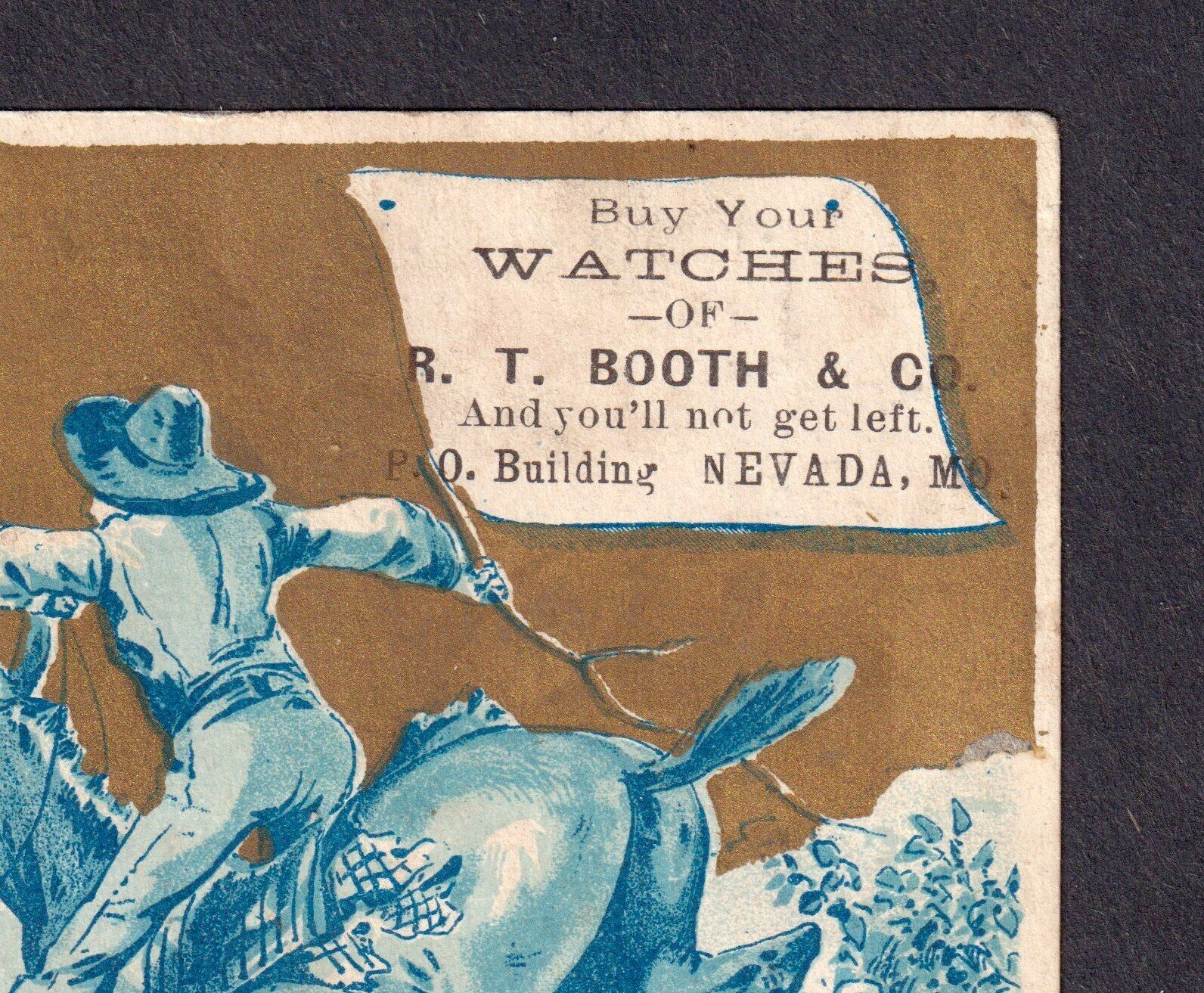 Nevada MO 1800s Booth Jewelry Watches Cowboy Railroad Train 10 Commandments Card