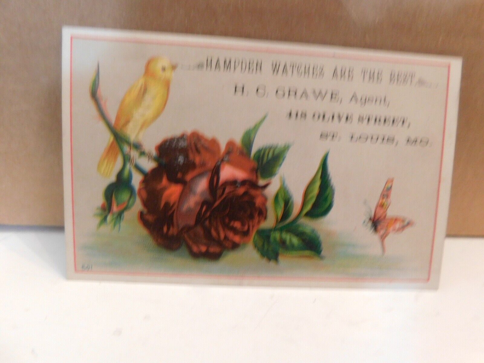 1800's Trade Card  Bird Flower & Butterfly Hampden Watches