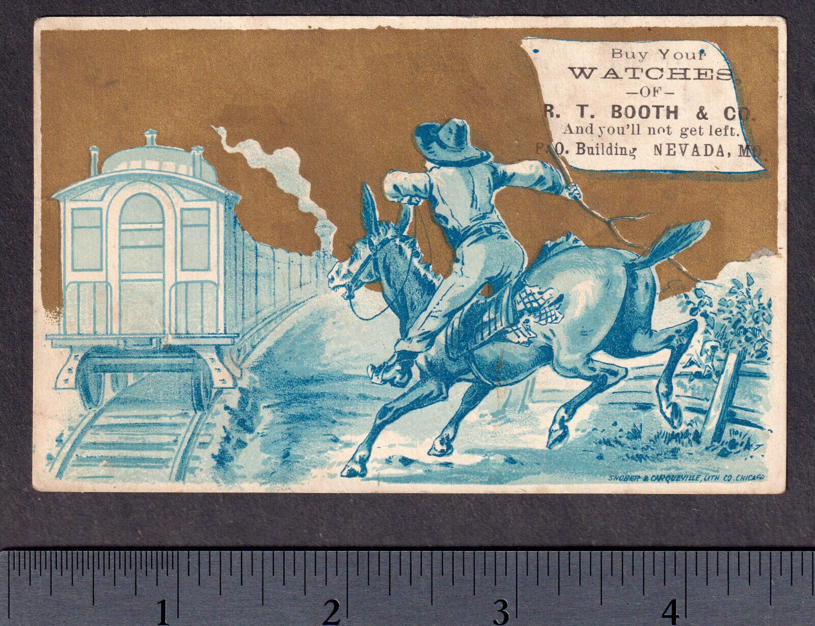 Nevada MO 1800s Booth Jewelry Watches Cowboy Railroad Train 10 Commandments Card