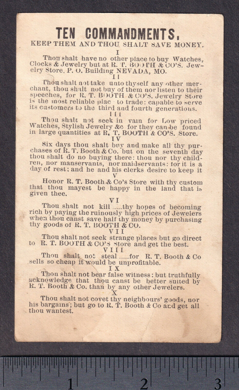 Nevada MO 1800s Booth Jewelry Watches Cowboy Railroad Train 10 Commandments Card
