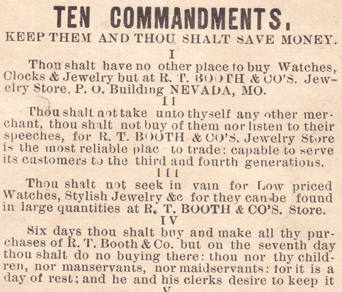 Nevada MO 1800s Booth Jewelry Watches Cowboy Railroad Train 10 Commandments Card