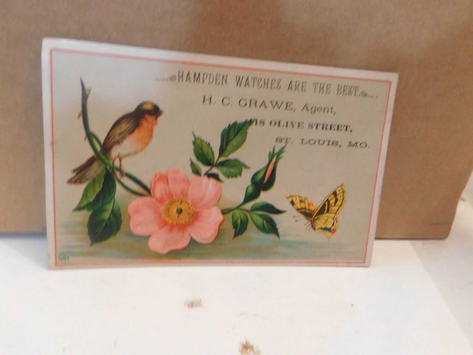 1800's Trade Card Bird, Flower Butterfly Hampden Watches