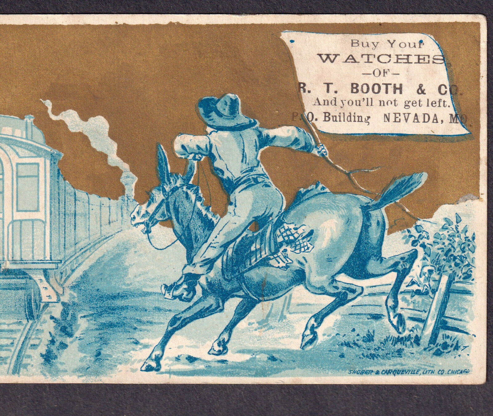 Nevada MO 1800s Booth Jewelry Watches Cowboy Railroad Train 10 Commandments Card