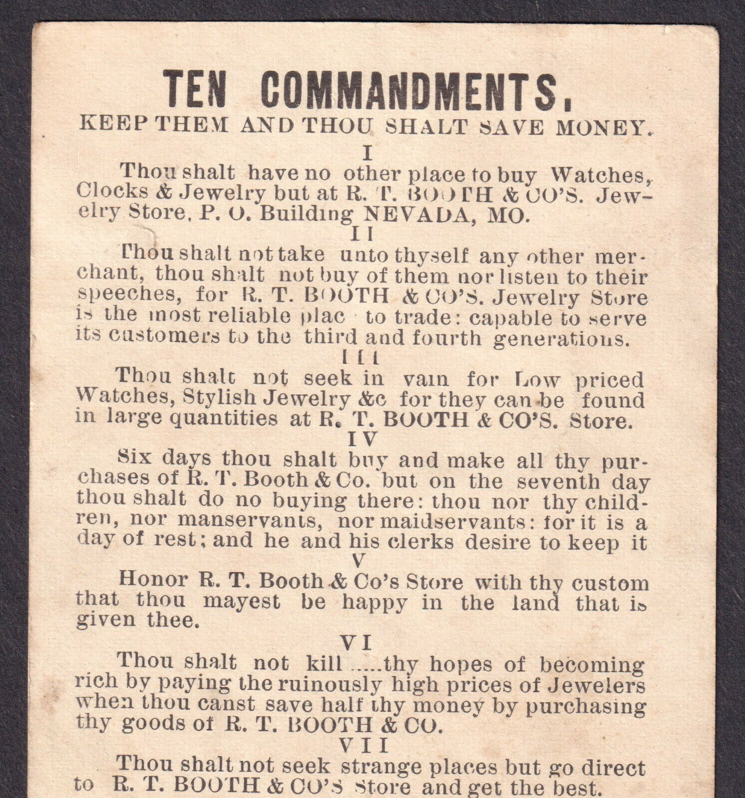 Nevada MO 1800s Booth Jewelry Watches Cowboy Railroad Train 10 Commandments Card