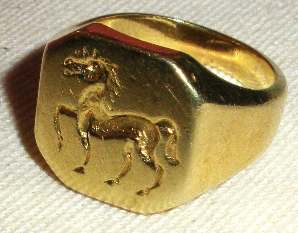ANTIQUE 1800s VICTORIAN 14K GOLD HORSE EQUESTRIAN CREST SIGNET RING SIZE 7 tuvi