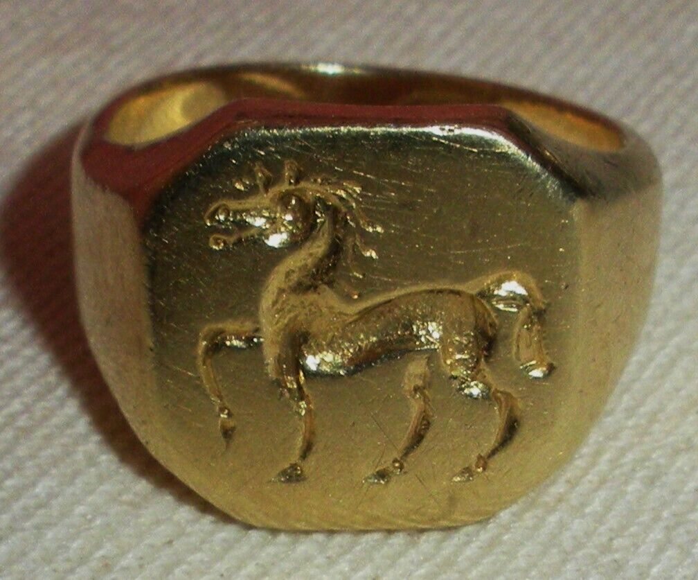 ANTIQUE 1800s VICTORIAN 14K GOLD HORSE EQUESTRIAN CREST SIGNET RING SIZE 7 tuvi