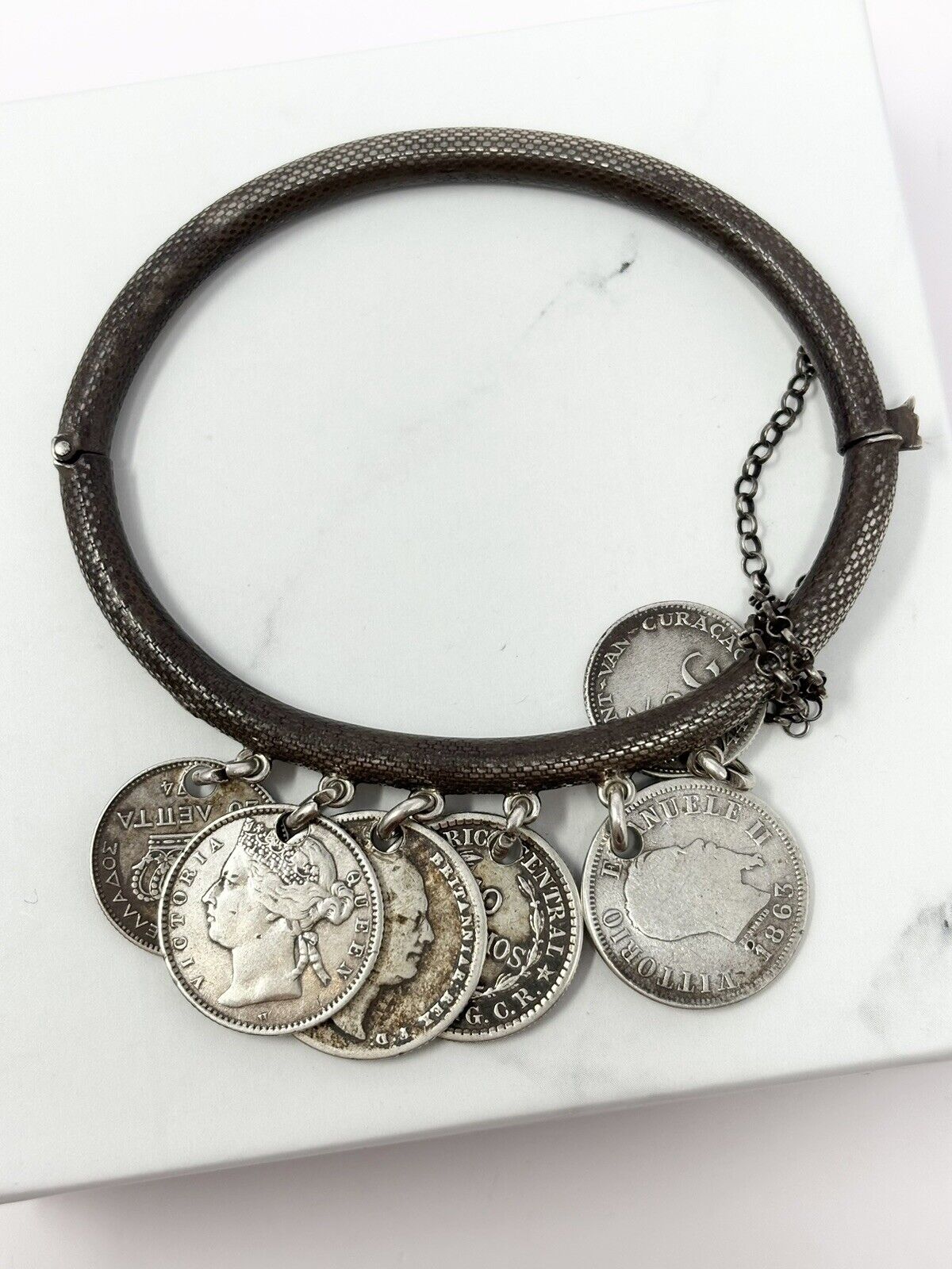 1800S Antique Sterling Silver Coin Bangle Bracelet 1863 Lira, Queen Victoria Etc