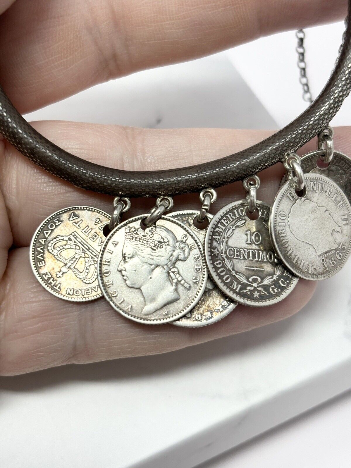 1800S Antique Sterling Silver Coin Bangle Bracelet 1863 Lira, Queen Victoria Etc