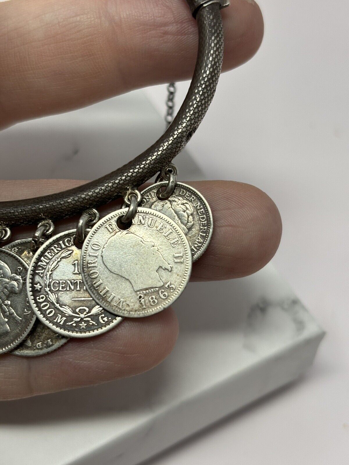 1800S Antique Sterling Silver Coin Bangle Bracelet 1863 Lira, Queen Victoria Etc