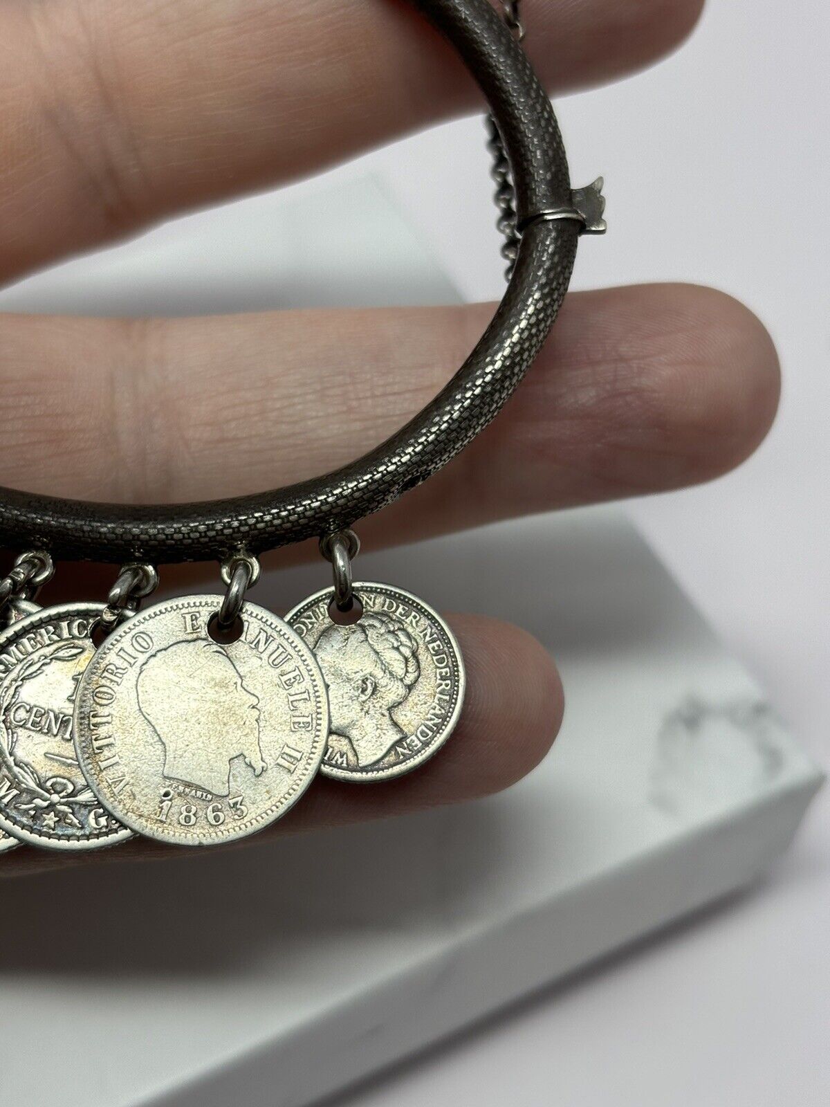 1800S Antique Sterling Silver Coin Bangle Bracelet 1863 Lira, Queen Victoria Etc