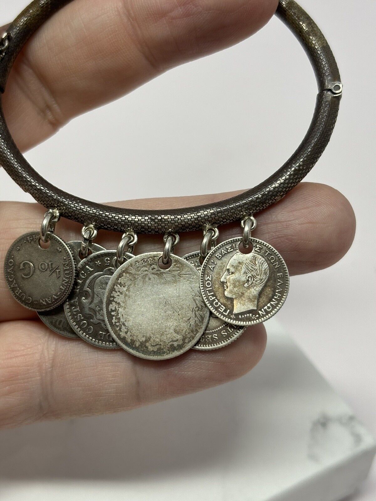 1800S Antique Sterling Silver Coin Bangle Bracelet 1863 Lira, Queen Victoria Etc