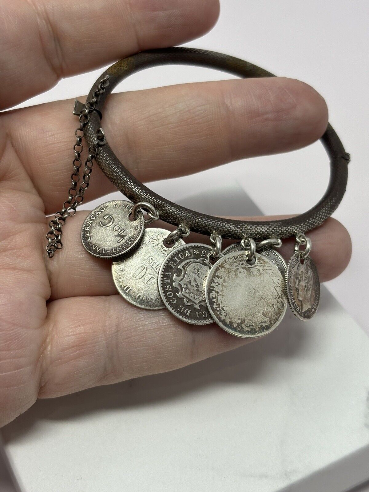 1800S Antique Sterling Silver Coin Bangle Bracelet 1863 Lira, Queen Victoria Etc