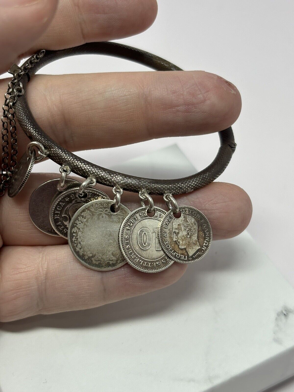 1800S Antique Sterling Silver Coin Bangle Bracelet 1863 Lira, Queen Victoria Etc