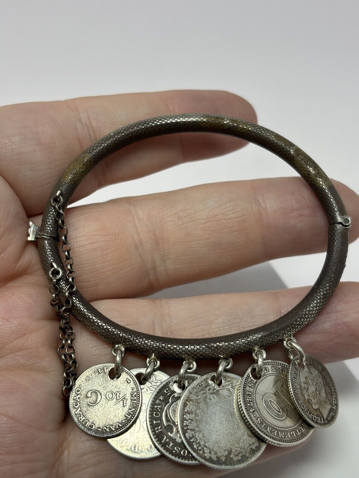 1800S Antique Sterling Silver Coin Bangle Bracelet 1863 Lira, Queen Victoria Etc