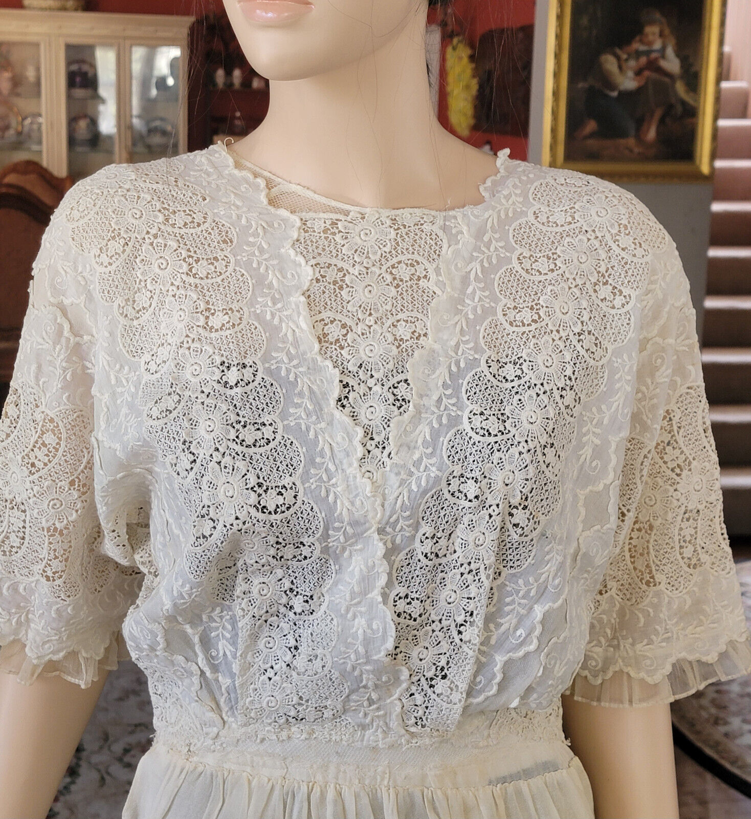 ANTIQUE  Edwardian  Mixed Lace Dress S/M ,  watch the vides