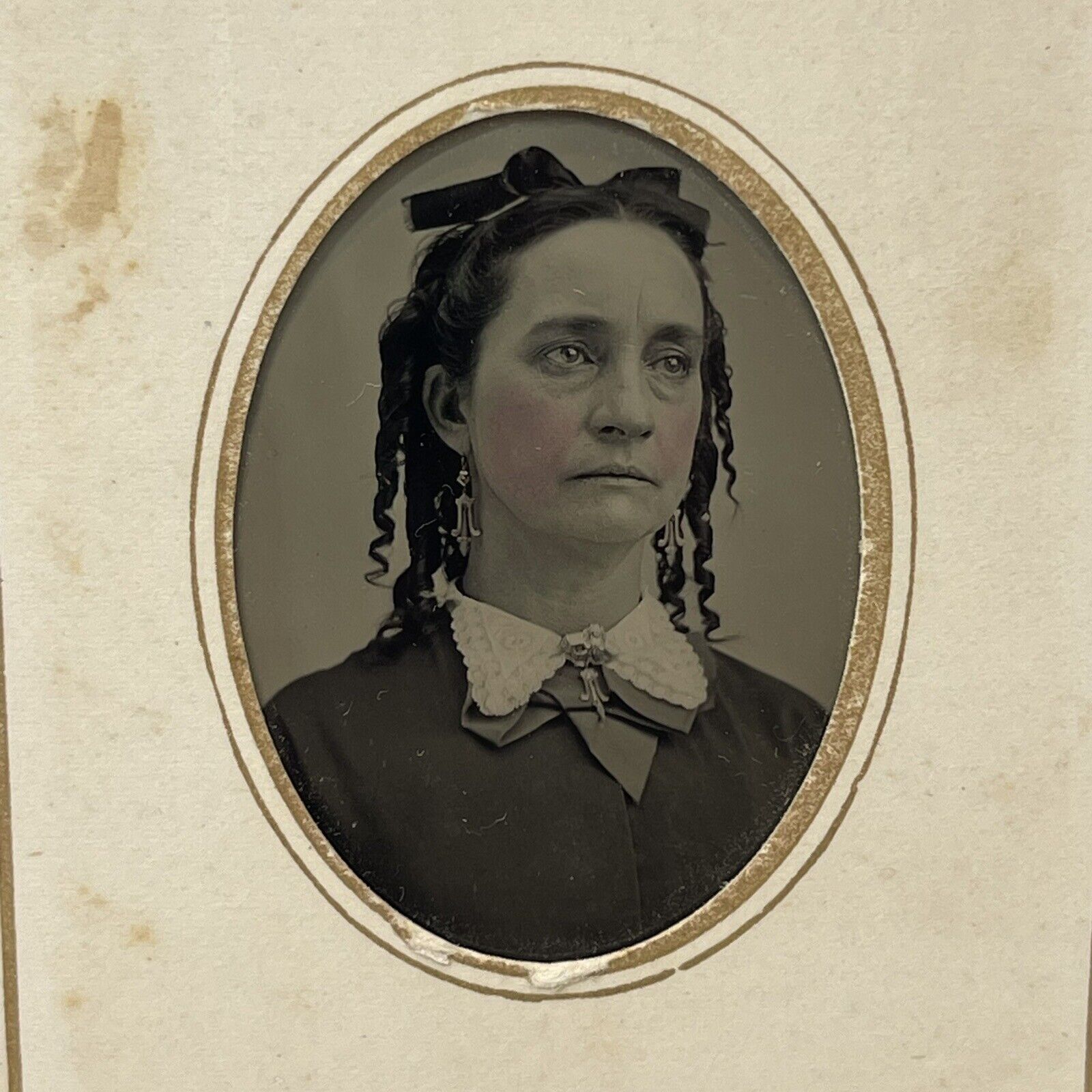 Antique Tintype Photo Victorian Woman Ringlet Curls Tinted Cheeks Dangle Earring