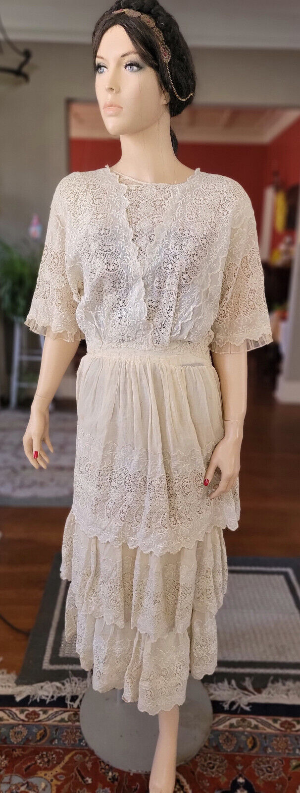 ANTIQUE  Edwardian  Mixed Lace Dress S/M ,  watch the vides