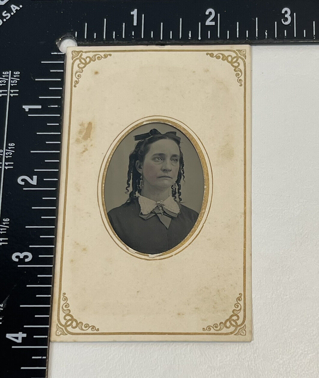 Antique Tintype Photo Victorian Woman Ringlet Curls Tinted Cheeks Dangle Earring