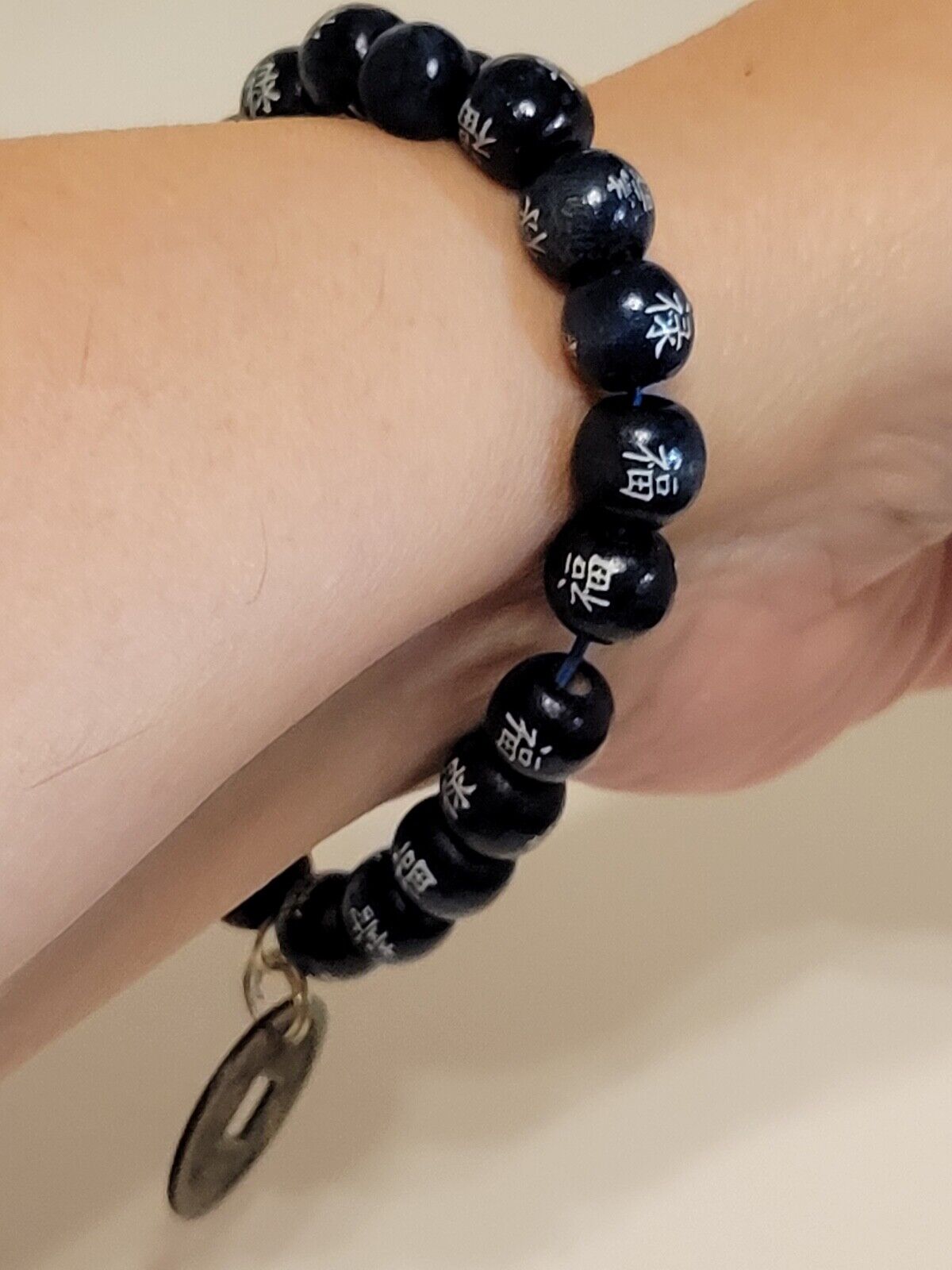 Genuine 1800s Coin China Kwangtung BLUE Bamboo Bead Bracelet Cash Coin Jewelry